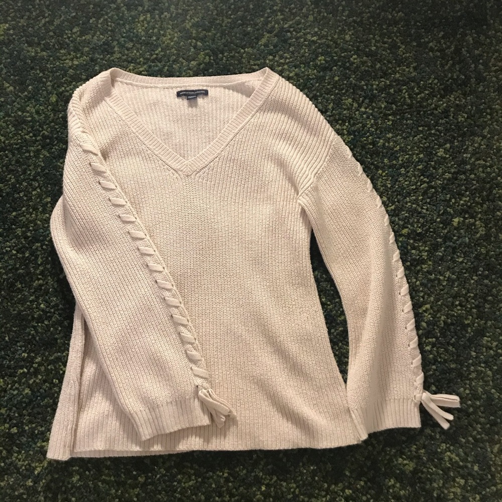 American Eagle Outfitters V-Neck Sweater with Lace-Up Detail